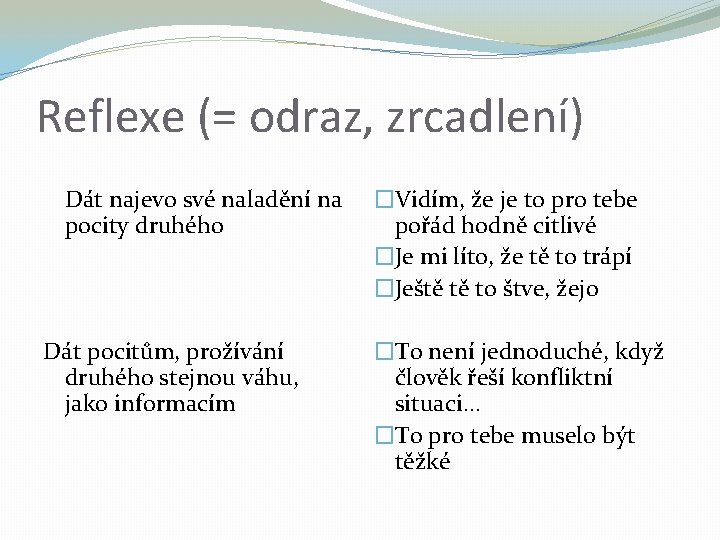 Reflexe (= odraz, zrcadlení) Dát najevo své naladění na pocity druhého Dát pocitům, prožívání