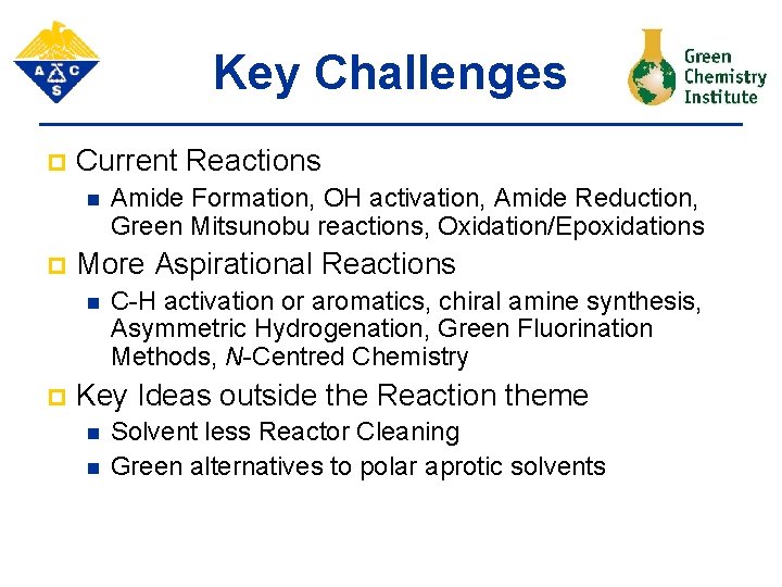 Key Challenges p Current Reactions n p More Aspirational Reactions n p Amide Formation,