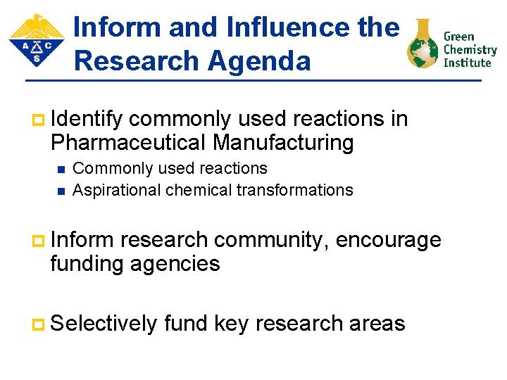 Inform and Influence the Research Agenda p Identify commonly used reactions in Pharmaceutical Manufacturing