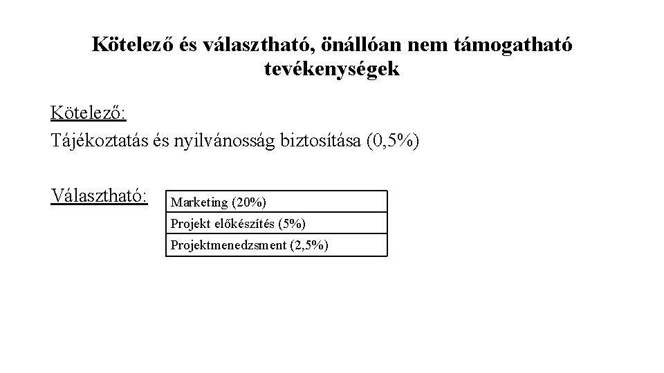 Kötelező és választható, önállóan nem támogatható tevékenységek Kötelező: Tájékoztatás és nyilvánosság biztosítása (0, 5%)