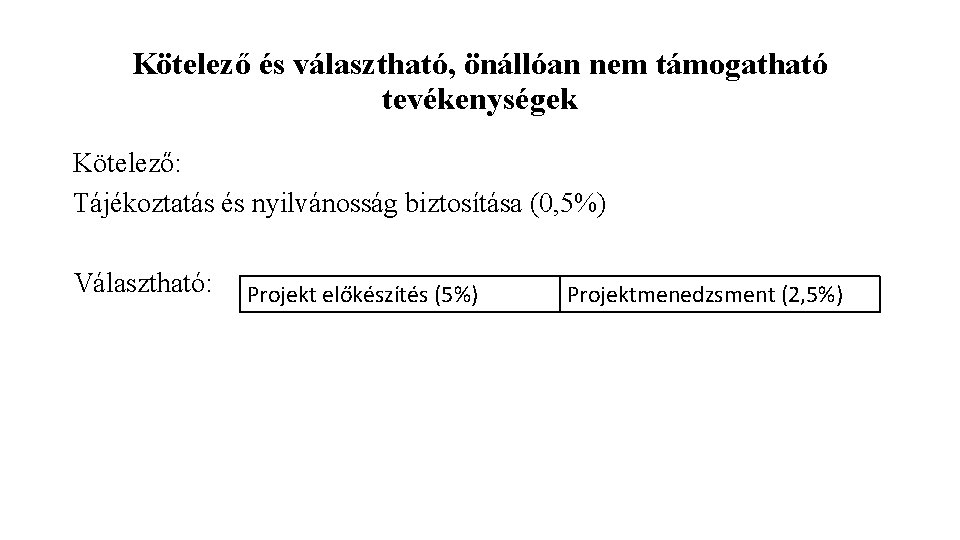Kötelező és választható, önállóan nem támogatható tevékenységek Kötelező: Tájékoztatás és nyilvánosság biztosítása (0, 5%) Kötelező és választható, önállóan nem támogatható tevékenységek Kötelező: Tájékoztatás és nyilvánosság biztosítása (0, 5%)