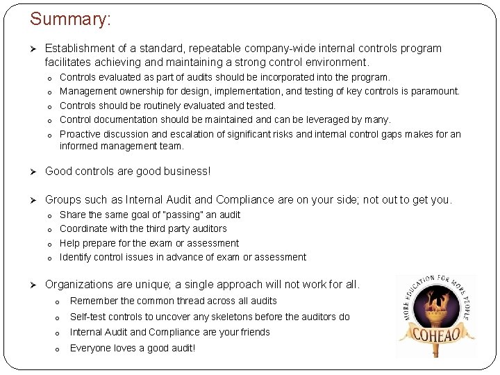 Summary: Ø Establishment of a standard, repeatable company-wide internal controls program facilitates achieving and