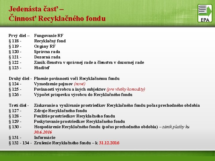 Jedenásta časť – Činnosť Recyklačného fondu Prvý diel – § 118 § 119 §