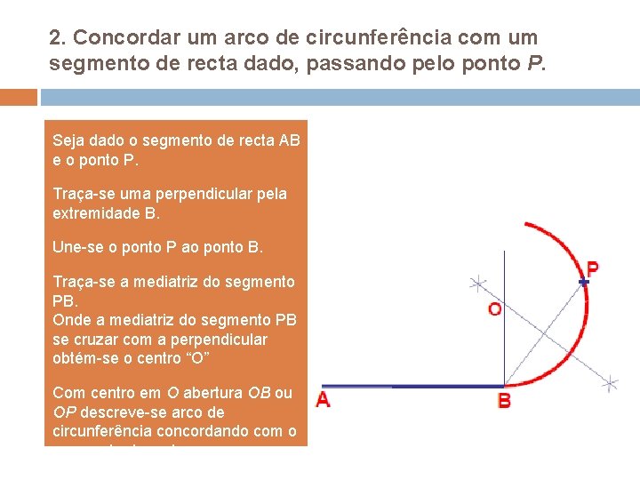 2. Concordar um arco de circunferência com um segmento de recta dado, passando pelo 2. Concordar um arco de circunferência com um segmento de recta dado, passando pelo