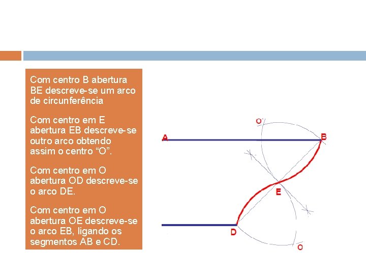 Com centro B abertura BE descreve-se um arco de circunferência Com centro em E Com centro B abertura BE descreve-se um arco de circunferência Com centro em E