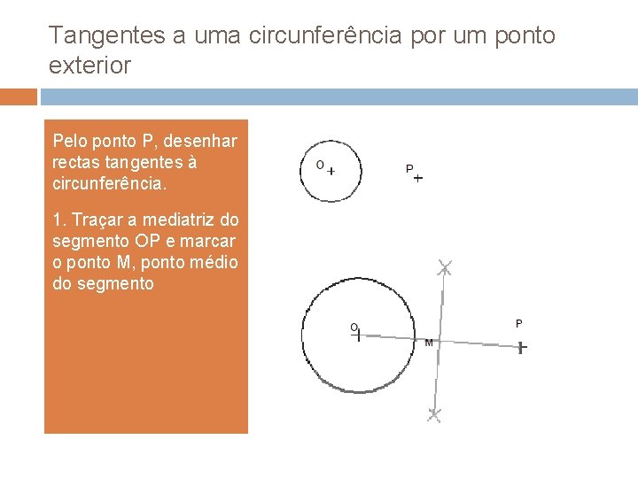 Tangentes a uma circunferência por um ponto exterior Pelo ponto P, desenhar rectas tangentes Tangentes a uma circunferência por um ponto exterior Pelo ponto P, desenhar rectas tangentes