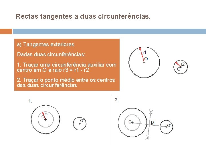 Rectas tangentes a duas circunferências. a) Tangentes exteriores Dadas duas circunferências: 1. Traçar uma Rectas tangentes a duas circunferências. a) Tangentes exteriores Dadas duas circunferências: 1. Traçar uma