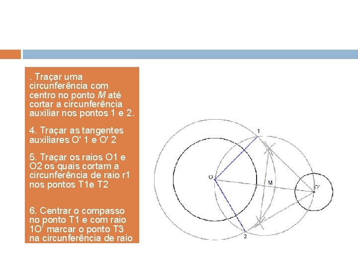 . Traçar uma circunferência com centro no ponto M até cortar a circunferência auxiliar . Traçar uma circunferência com centro no ponto M até cortar a circunferência auxiliar