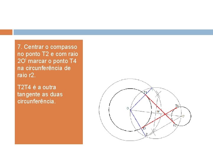 7. Centrar o compasso no ponto T 2 e com raio 2 O’ marcar 7. Centrar o compasso no ponto T 2 e com raio 2 O’ marcar