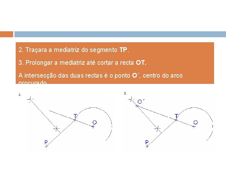2. Traçara a mediatriz do segmento TP. 3. Prolongar a mediatriz até cortar a 2. Traçara a mediatriz do segmento TP. 3. Prolongar a mediatriz até cortar a
