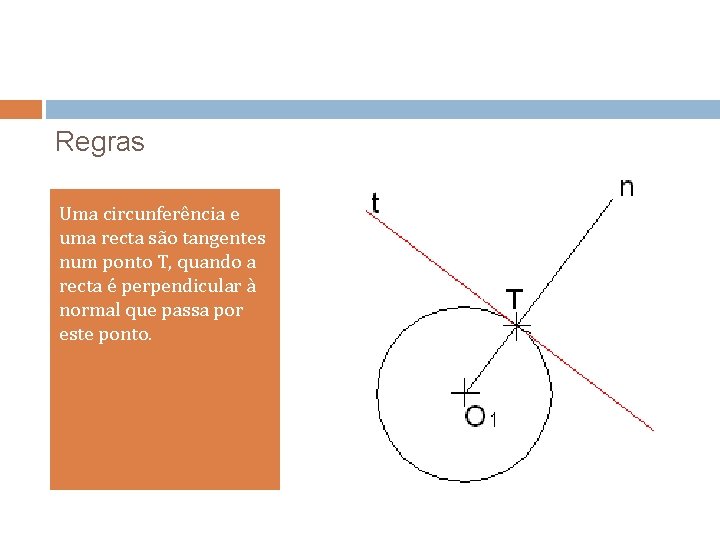 Regras Uma circunferência e uma recta são tangentes num ponto T, quando a recta Regras Uma circunferência e uma recta são tangentes num ponto T, quando a recta