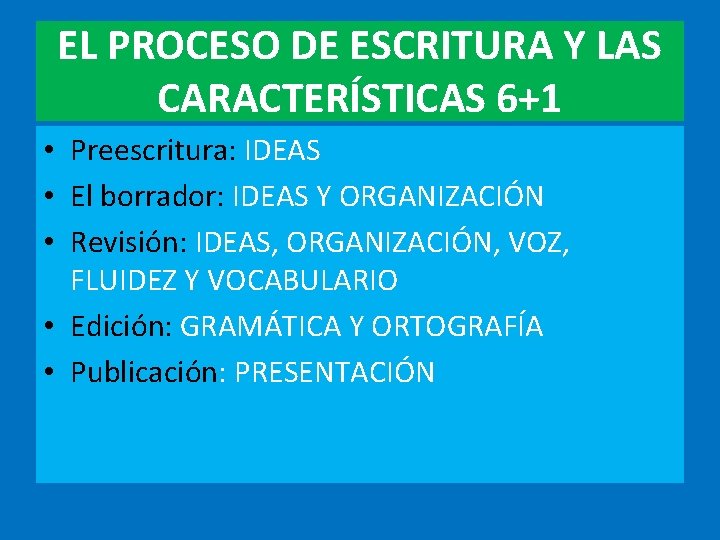 EL PROCESO DE ESCRITURA Y LAS CARACTERÍSTICAS 6+1 • Preescritura: IDEAS • El borrador: