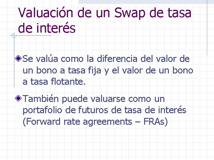 Valuación de un Swap de tasa de interés Se valúa como la diferencia del