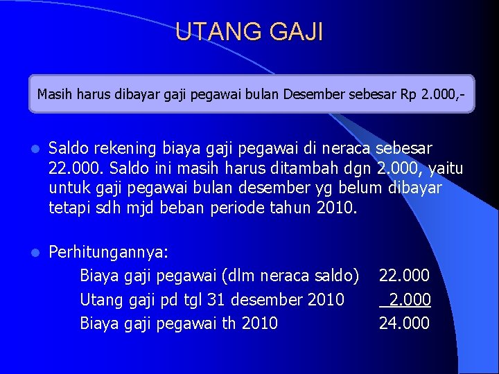 UTANG GAJI Masih harus dibayar gaji pegawai bulan Desember sebesar Rp 2. 000, -