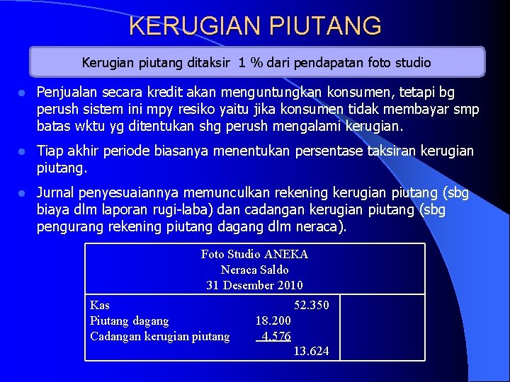 KERUGIAN PIUTANG Kerugian piutang ditaksir 1 % dari pendapatan foto studio l Penjualan secara