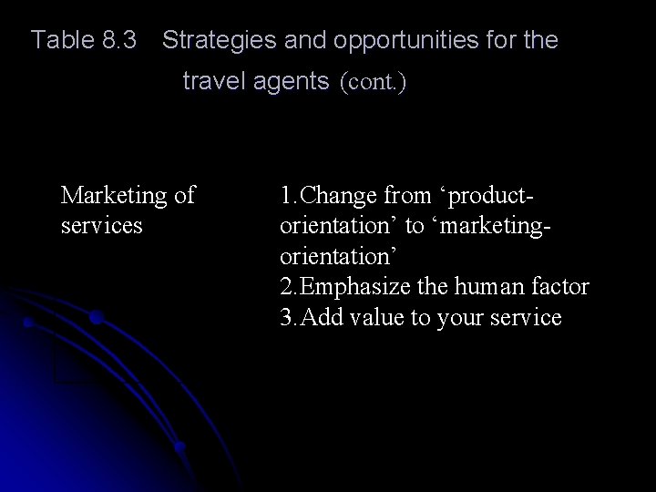 Table 8. 3 Strategies and opportunities for the travel agents (cont. ) Marketing of