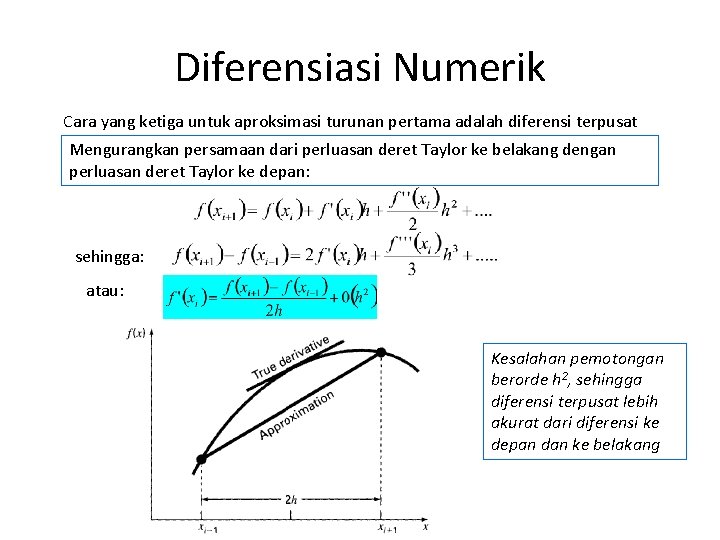 Diferensiasi Numerik Cara yang ketiga untuk aproksimasi turunan pertama adalah diferensi terpusat Mengurangkan persamaan