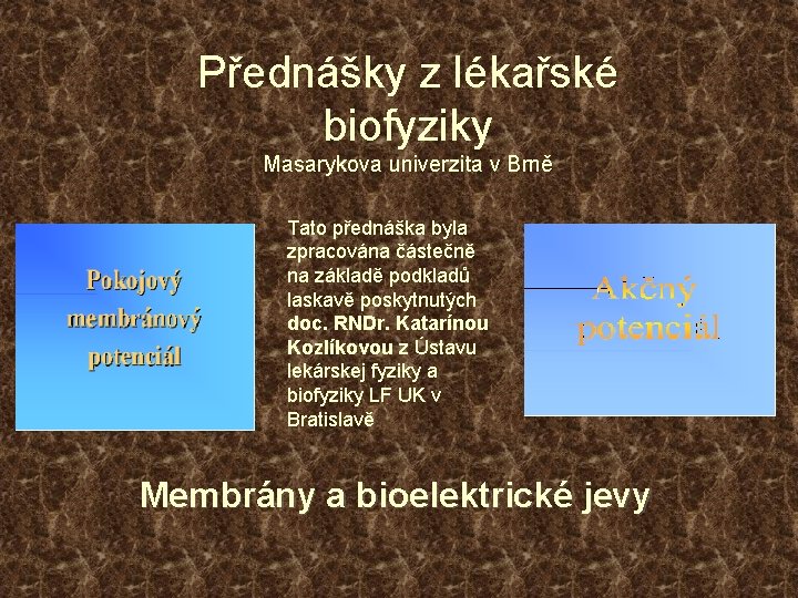 Přednášky z lékařské biofyziky Masarykova univerzita v Brně Tato přednáška byla zpracována částečně na
