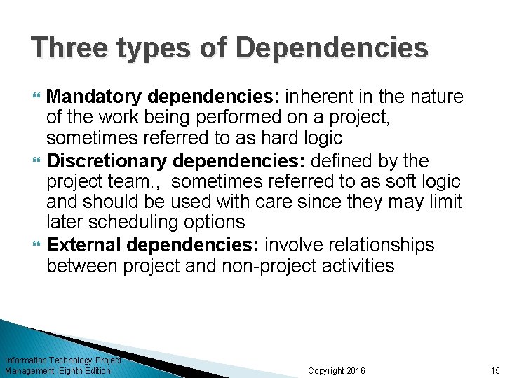 Three types of Dependencies Mandatory dependencies: inherent in the nature of the work being