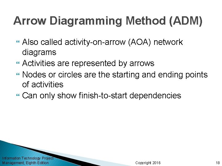 Arrow Diagramming Method (ADM) Also called activity-on-arrow (AOA) network diagrams Activities are represented by