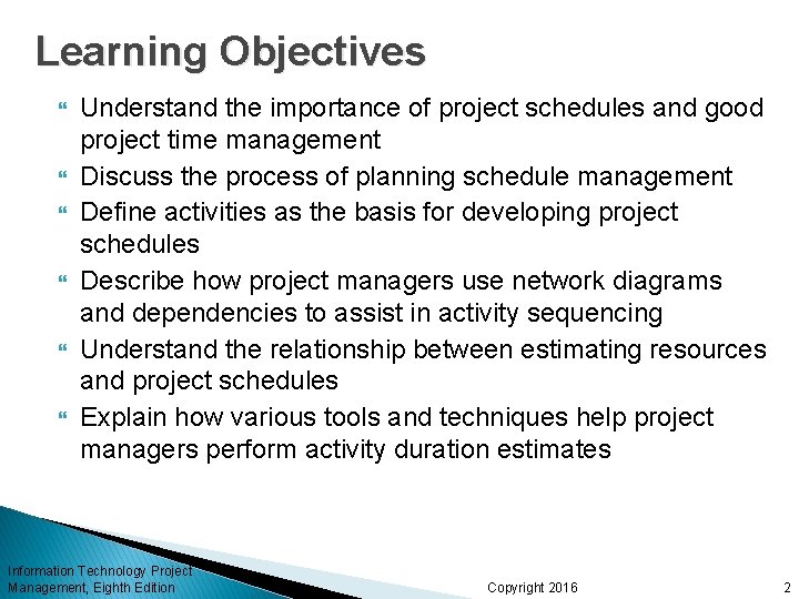 Learning Objectives Understand the importance of project schedules and good project time management Discuss