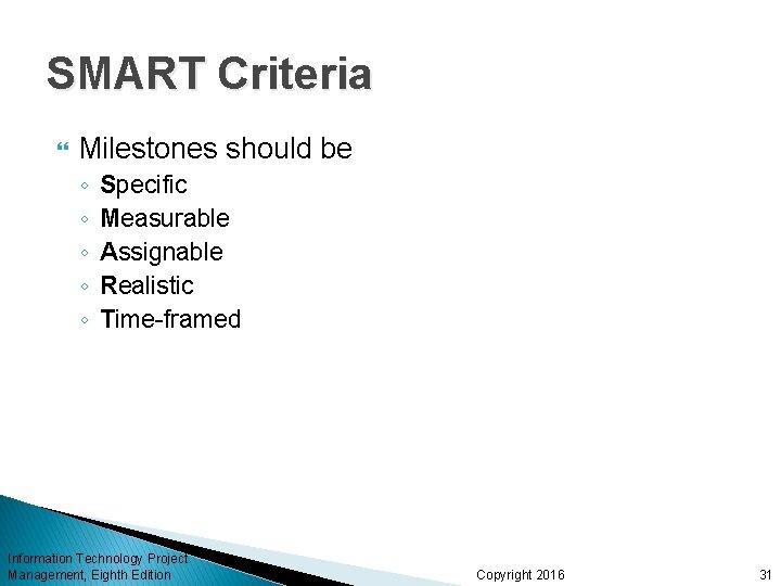 SMART Criteria Milestones should be ◦ ◦ ◦ Specific Measurable Assignable Realistic Time-framed Information