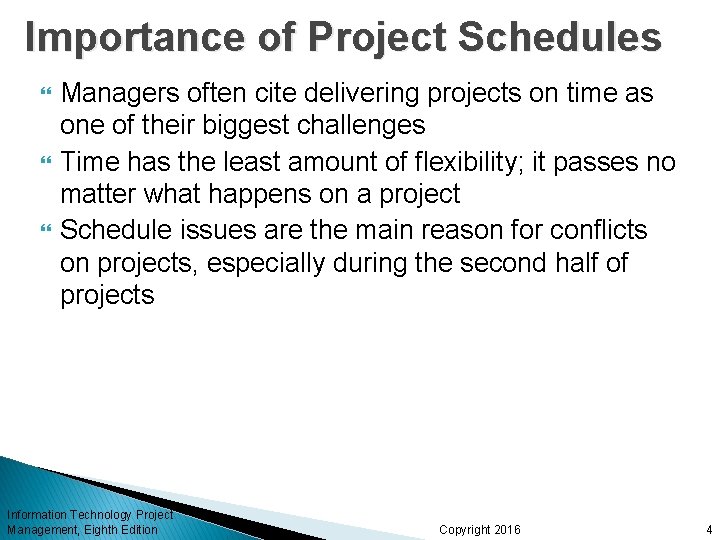 Importance of Project Schedules Managers often cite delivering projects on time as one of