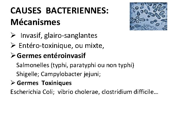 CAUSES BACTERIENNES: Mécanismes Ø Invasif, glairo-sanglantes Ø Entéro-toxinique, ou mixte, Ø Germes entéroinvasif Salmonelles CAUSES BACTERIENNES: Mécanismes Ø Invasif, glairo-sanglantes Ø Entéro-toxinique, ou mixte, Ø Germes entéroinvasif Salmonelles