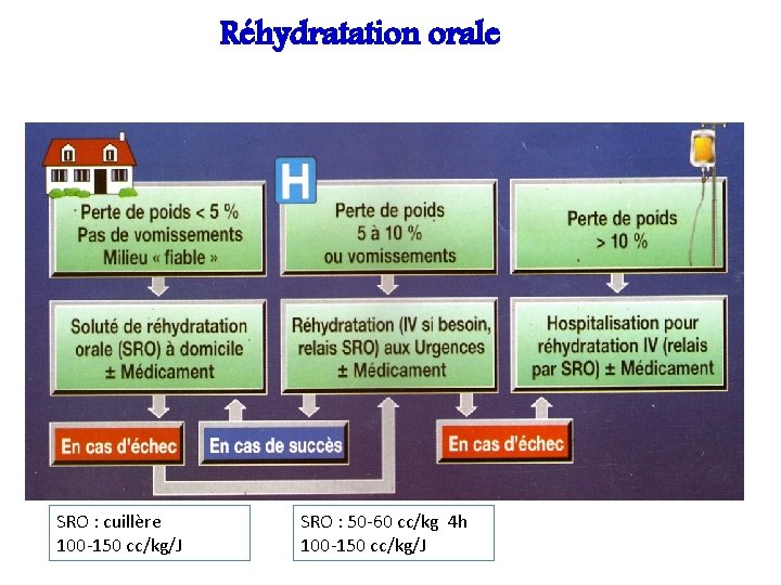 Réhydratation orale SRO : cuillère 100 -150 cc/kg/J SRO : 50 -60 cc/kg 4