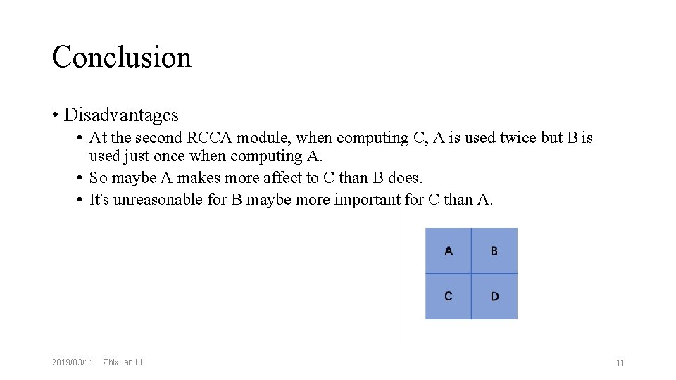 Conclusion • Disadvantages • At the second RCCA module, when computing C, A is