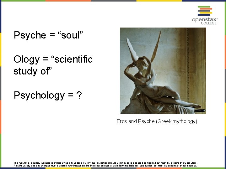 Psyche = “soul” Ology = “scientific study of” Psychology = ? Eros and Psyche