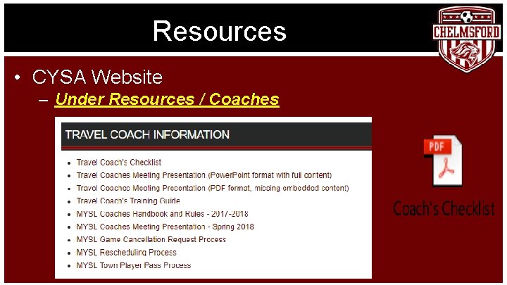 Resources • CYSA Website – Under Resources / Coaches 