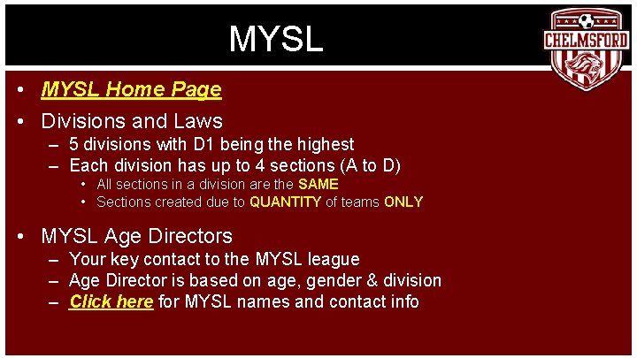 MYSL • MYSL Home Page • Divisions and Laws – 5 divisions with D