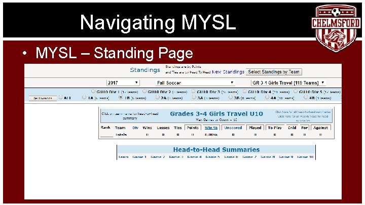 Navigating MYSL • MYSL – Standing Page 