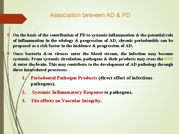 Association between AD & PD v On the basis of the contribution of PD