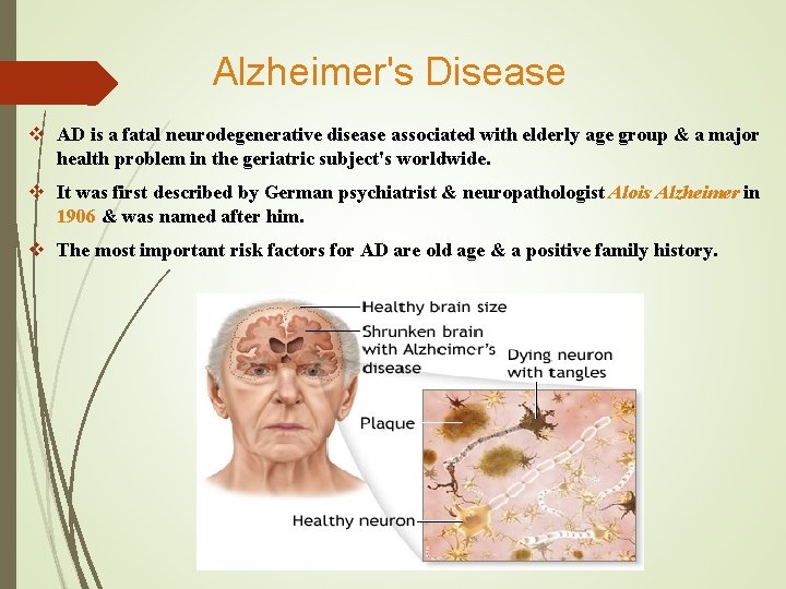 Alzheimer's Disease v AD is a fatal neurodegenerative disease associated with elderly age group