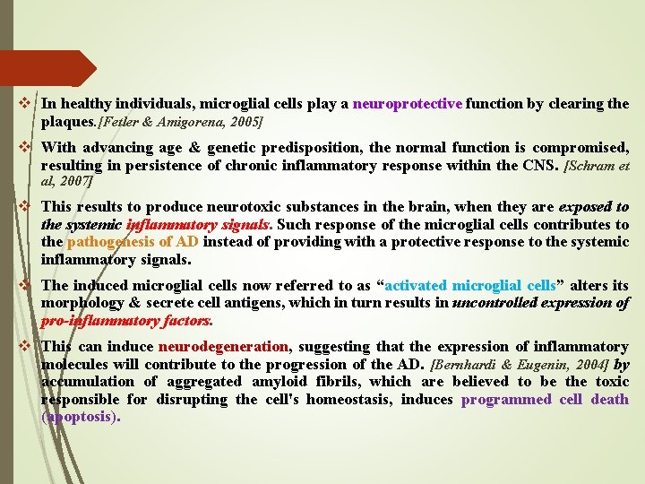 v In healthy individuals, microglial cells play a neuroprotective function by clearing the plaques.