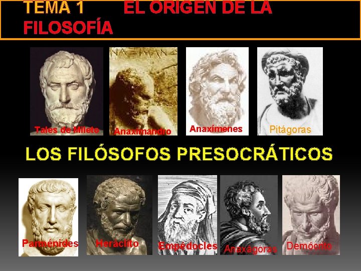 TEMA 1 EL ORIGEN DE LA FILOSOFÍA Tales de Mileto Anaximandro Anaxímenes Pitágoras LOS