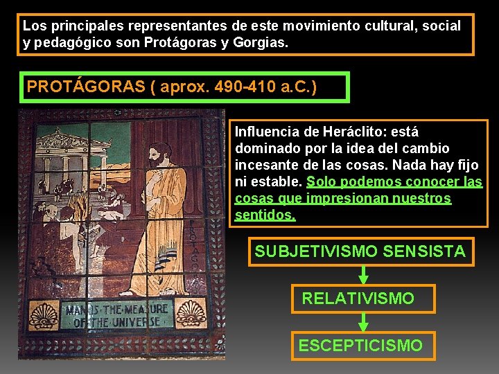 Los principales representantes de este movimiento cultural, social y pedagógico son Protágoras y Gorgias.