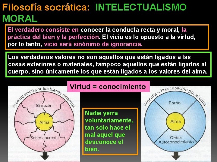 Filosofía socrática: INTELECTUALISMO MORAL El verdadero consiste en conocer la conducta recta y moral,