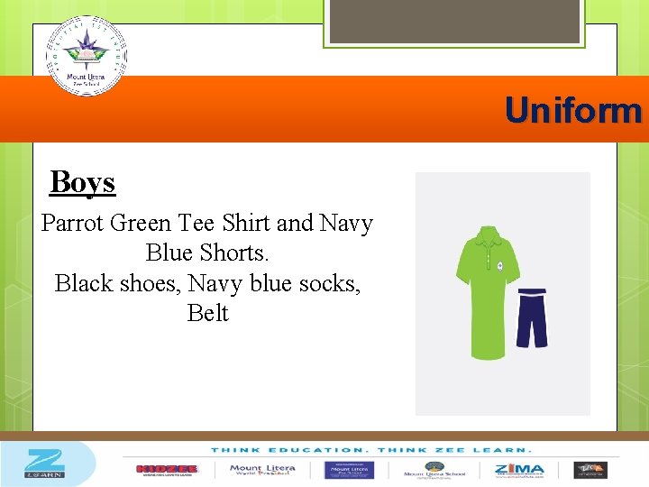 Uniform Boys Parrot Green Tee Shirt and Navy Blue Shorts. Black shoes, Navy blue