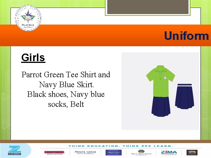 Uniform Girls Parrot Green Tee Shirt and Navy Blue Skirt. Black shoes, Navy blue