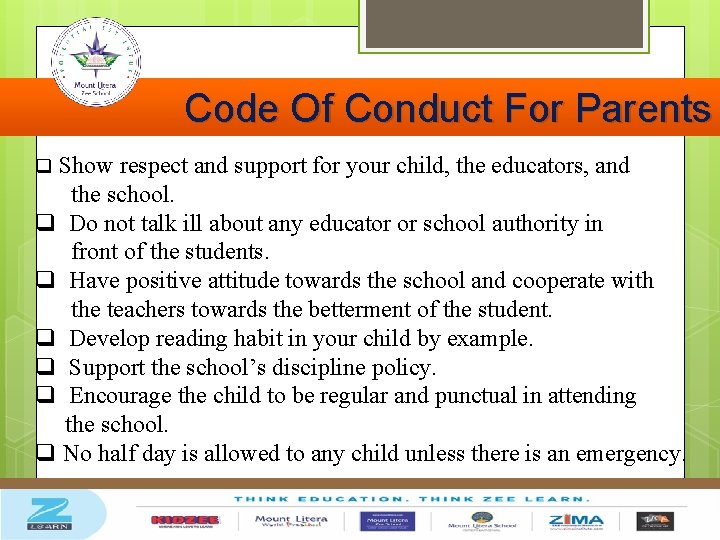 Code Of Conduct For Parents q Show respect and support for your child, the
