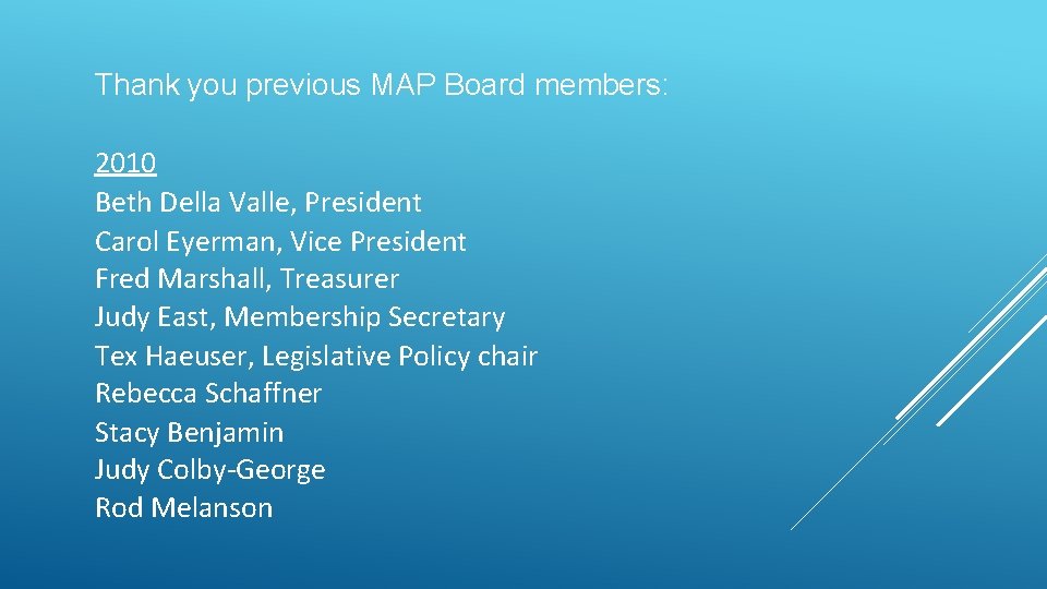 Thank you previous MAP Board members: 2010 Beth Della Valle, President Carol Eyerman, Vice Thank you previous MAP Board members: 2010 Beth Della Valle, President Carol Eyerman, Vice