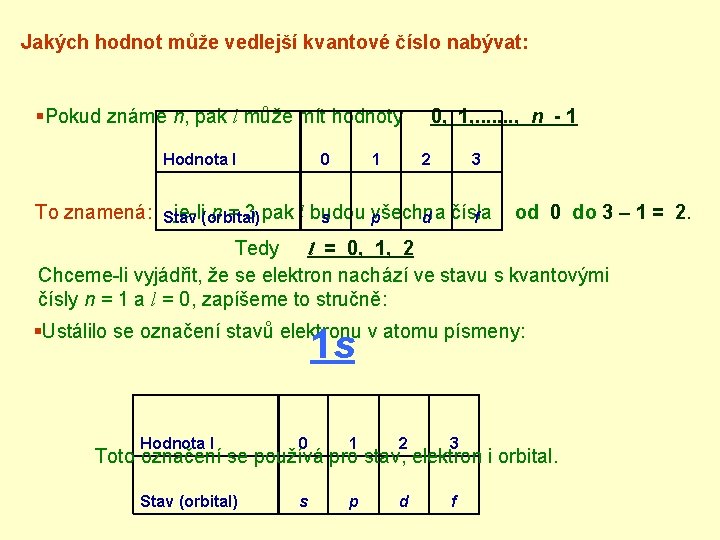 Jakých hodnot může vedlejší kvantové číslo nabývat: §Pokud známe n, pak l může mít