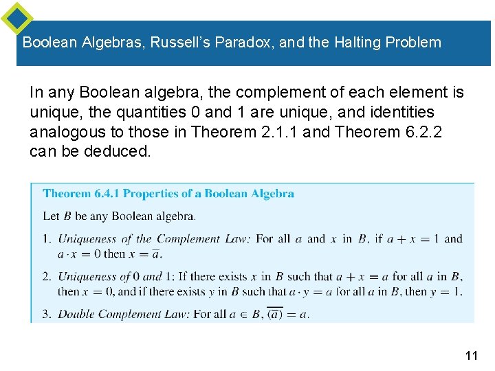 Boolean Algebras, Russell’s Paradox, and the Halting Problem In any Boolean algebra, the complement Boolean Algebras, Russell’s Paradox, and the Halting Problem In any Boolean algebra, the complement