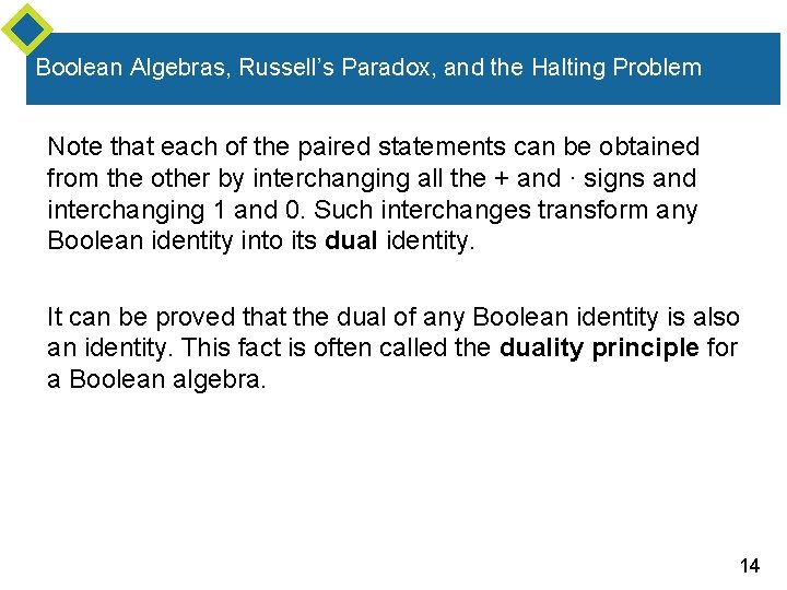 Boolean Algebras, Russell’s Paradox, and the Halting Problem Note that each of the paired Boolean Algebras, Russell’s Paradox, and the Halting Problem Note that each of the paired