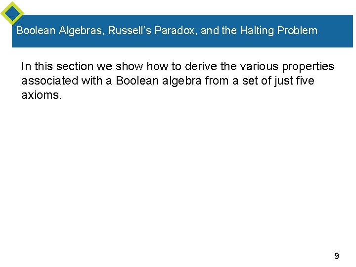 Boolean Algebras, Russell’s Paradox, and the Halting Problem In this section we show to Boolean Algebras, Russell’s Paradox, and the Halting Problem In this section we show to