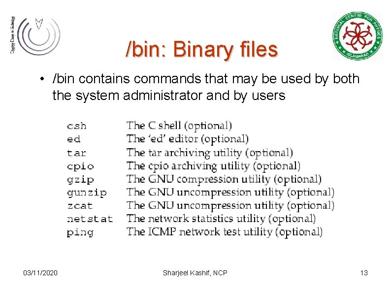 /bin: Binary files • /bin contains commands that may be used by both the