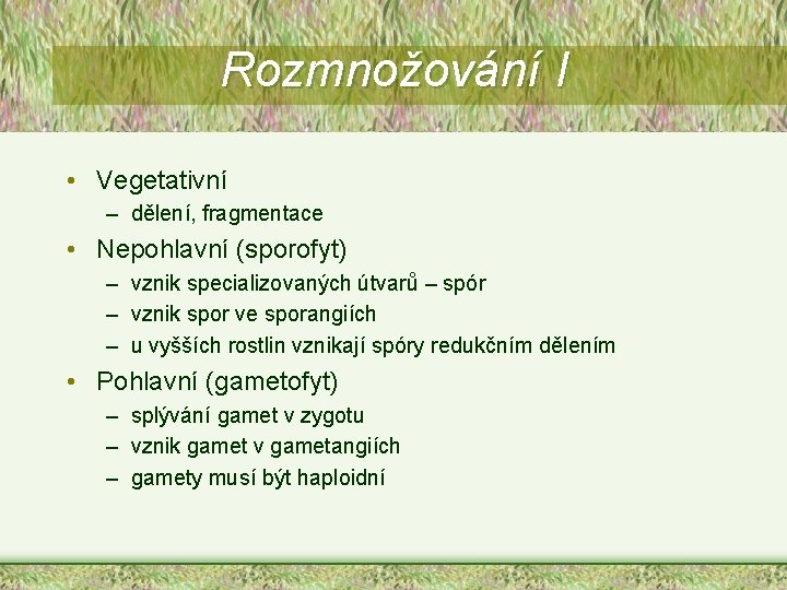 Rozmnožování I • Vegetativní – dělení, fragmentace • Nepohlavní (sporofyt) – vznik specializovaných útvarů Rozmnožování I • Vegetativní – dělení, fragmentace • Nepohlavní (sporofyt) – vznik specializovaných útvarů